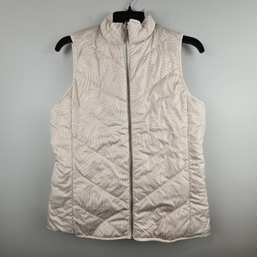 Tommy Bahama Womens Reversible Puffer Vest S Cream Palm Print Tropical Mock Neck